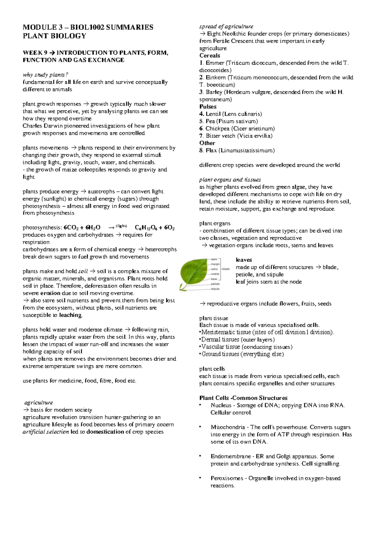 Module 3 summary MODULE 3 BIOL1002 SUMMARIES PLANT BIOLOGY WEEK 9 ³