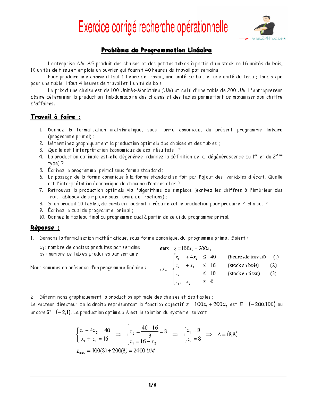 Exercices Corrigés De La Recherche Opérationnelle - 2, "" "" - Studocu