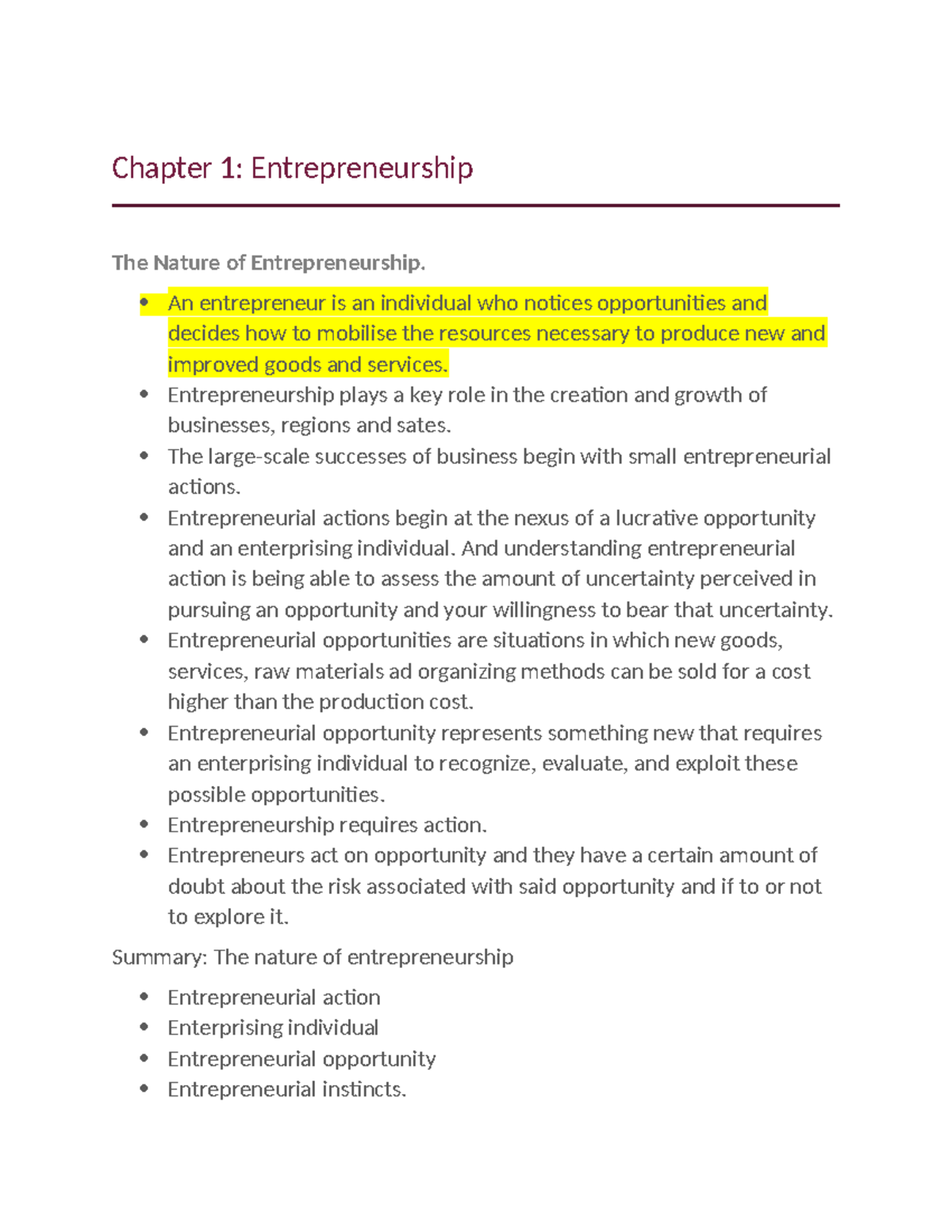OBS chapter 1 notes(incomplete). - Chapter 1: Entrepreneurship The ...