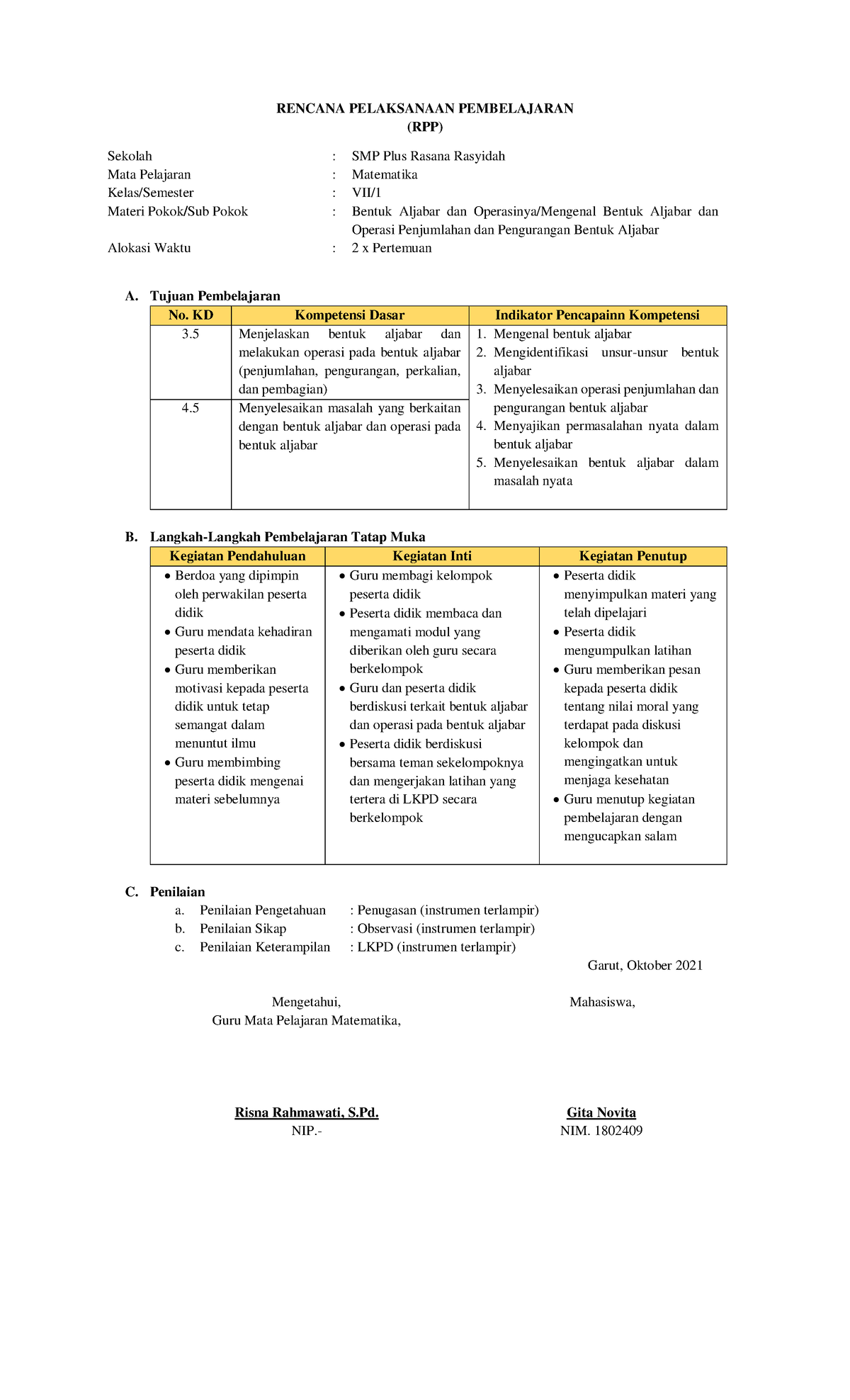 RPP Bentuk Aljabar Dan Operasi Penjumlahan Pengurangan - RENCANA ...