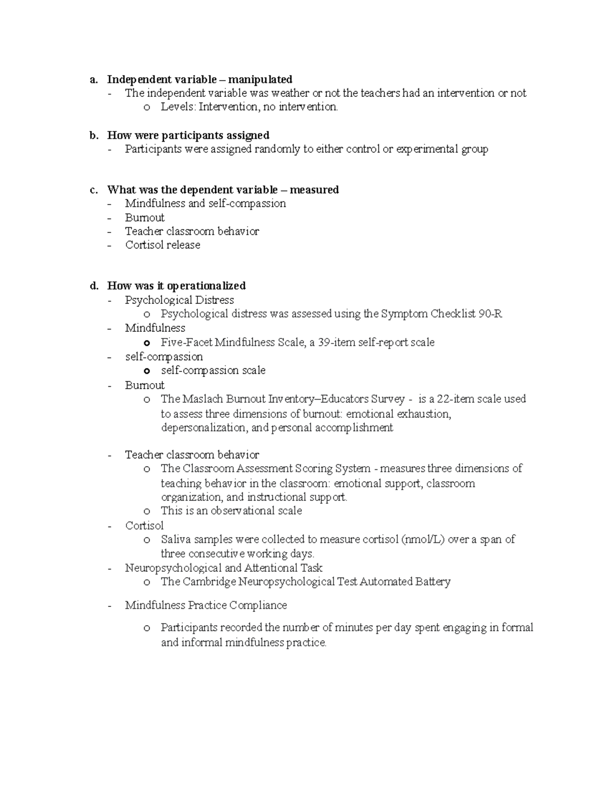 Article Critique - a. Independent variable – manipulated - The ...