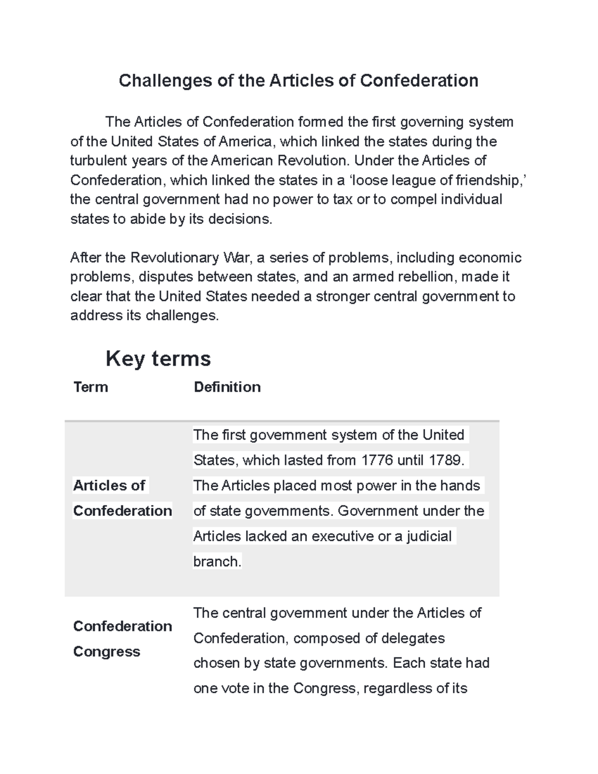 articles of confederation thesis