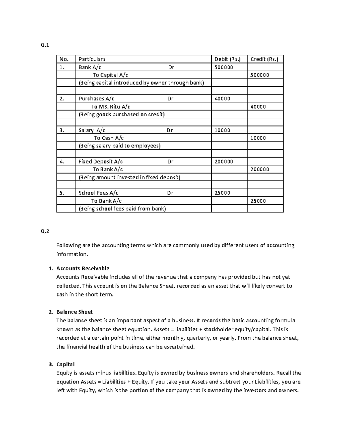 Financial Accounting AND Analysis - Q. No. Particulars Debit (Rs ...