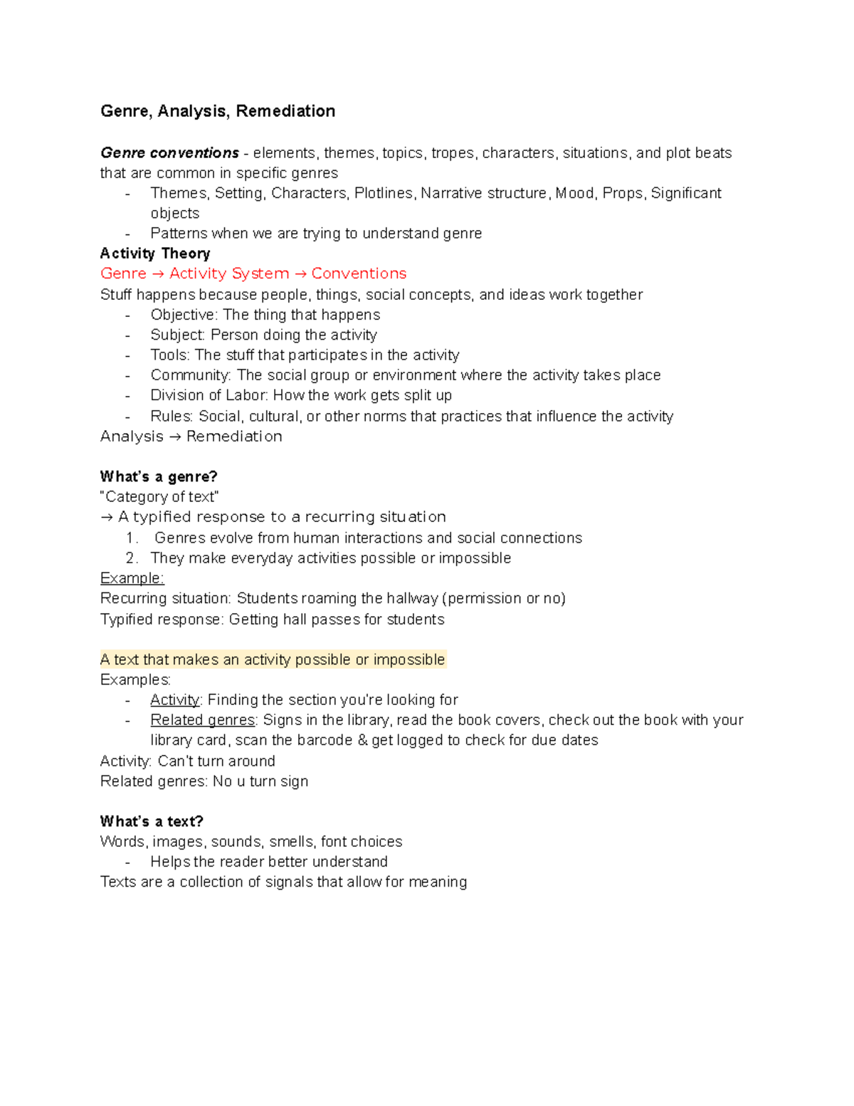 ENG 101 Notes 9 14 Genre Analysis Remediation Genre Conventions 