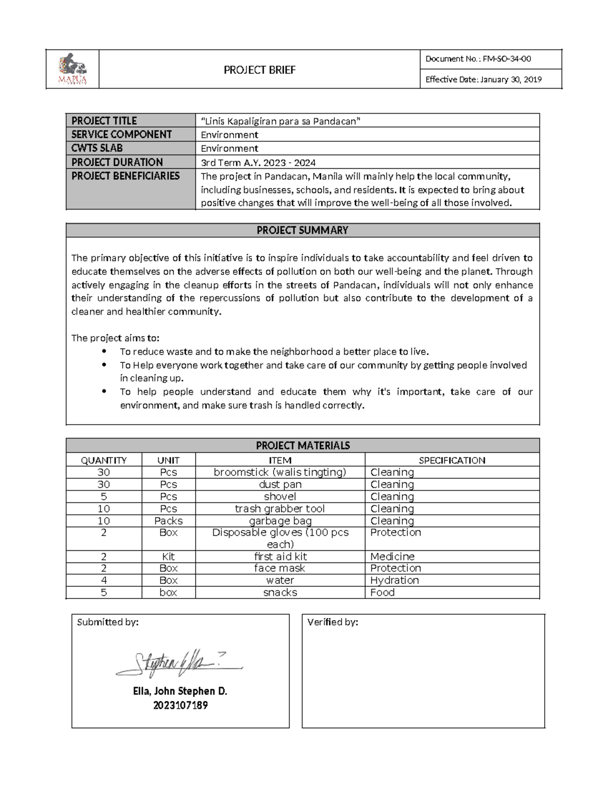 Project Brief - hope it helps - PROJECT BRIEF Document No.: FM-SO-34 ...