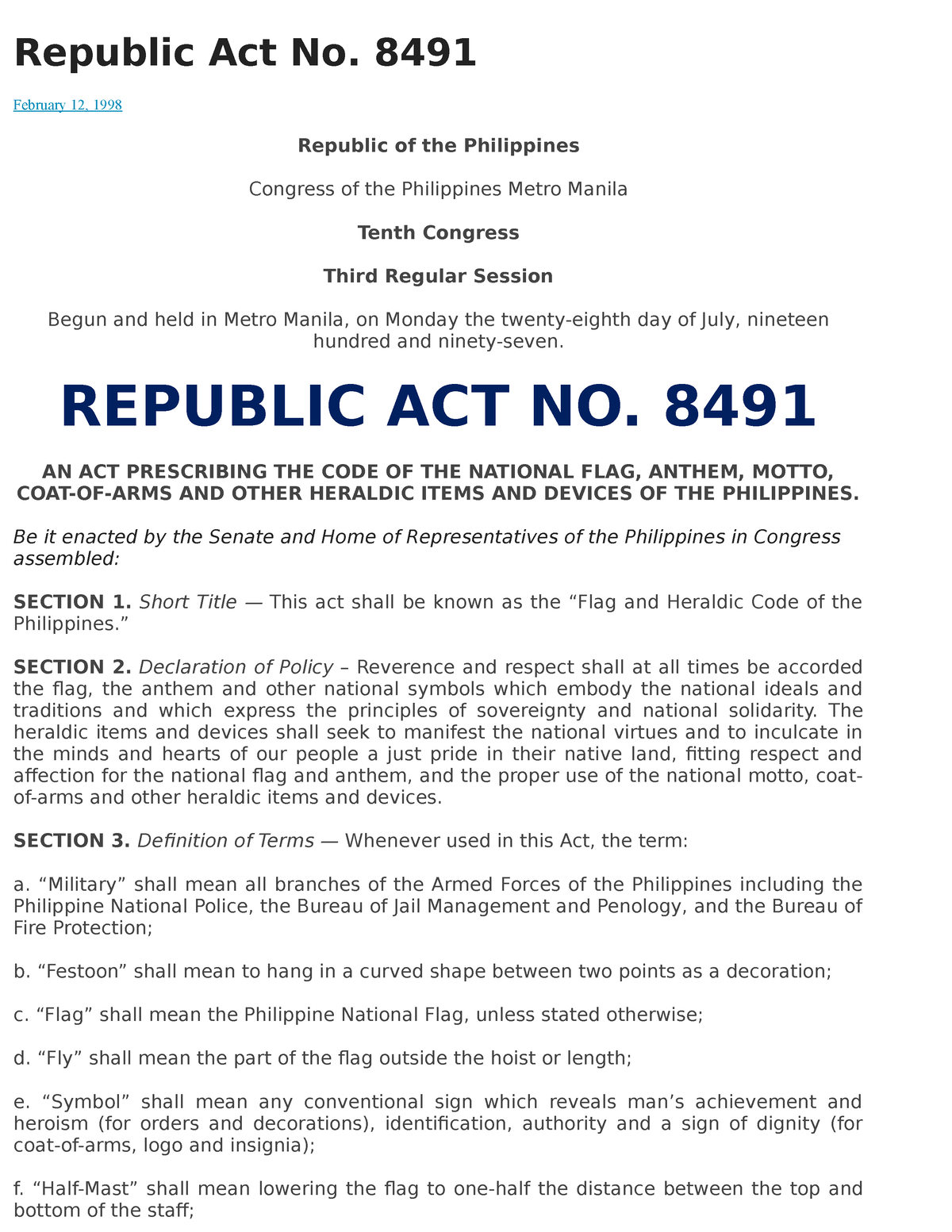 republic-act-no-arzs-zaid-republic-act-no-8491-february-12-1998