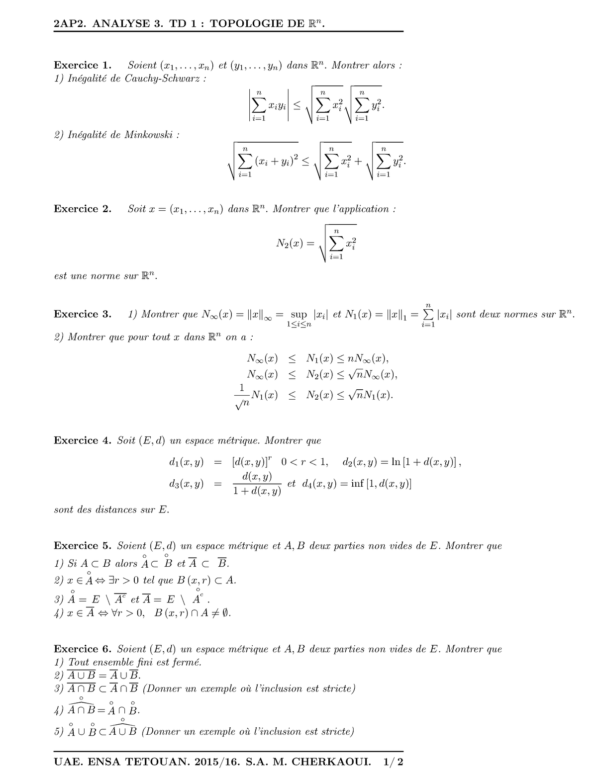 Analyse 3 TD-CHAP1 Topologie 2AP2 - 2AP2. ANALYSE 3. TD 1 : TOPOLOGIE ...