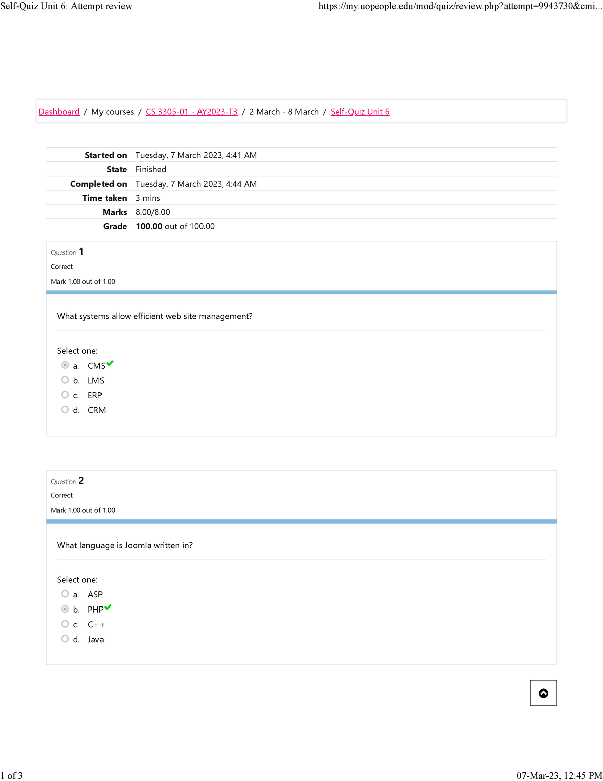 Self-Quiz Unit 6 Attempt Review - Started On Tuesday, 7 March 2023, 4: ...