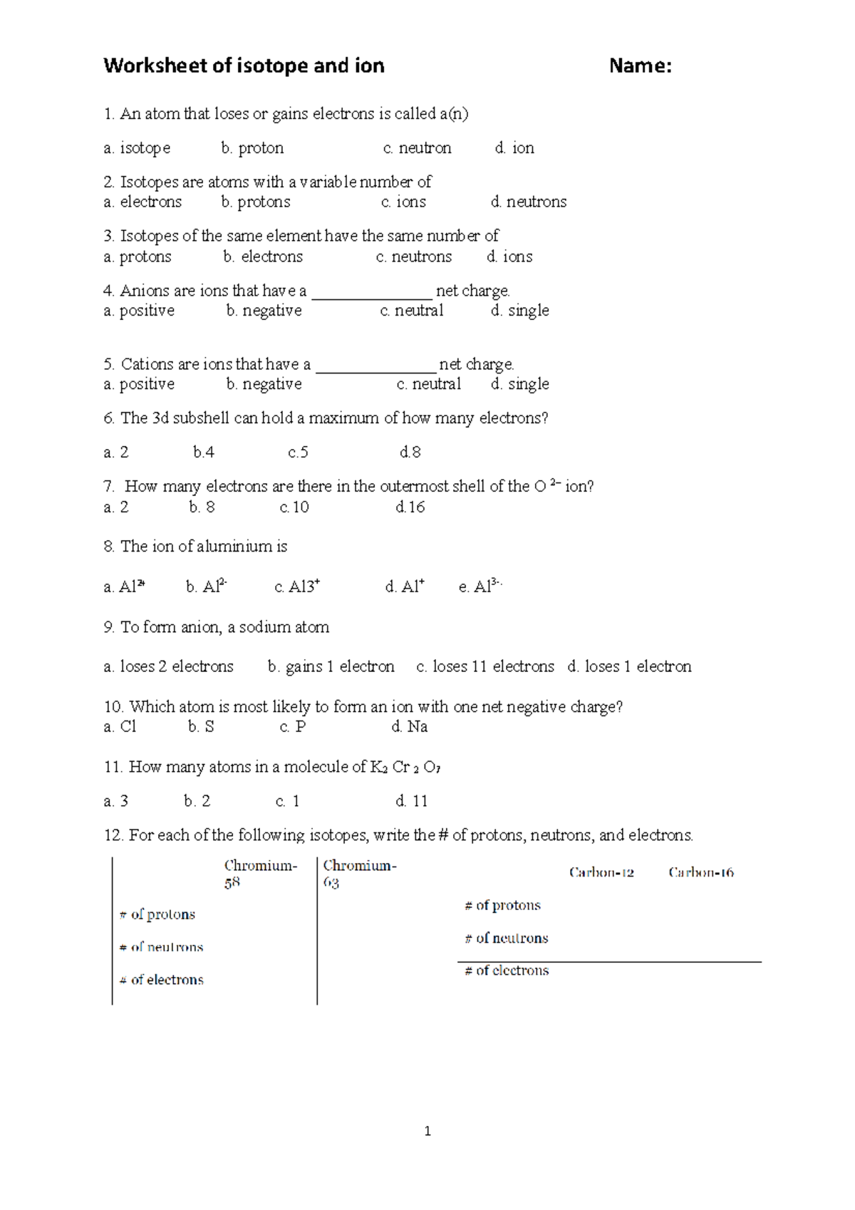 Isotopes And Ions Worksheet Worksheet Of Isotope And Ion Name 1 An Atom That Loses Or Gains 8073