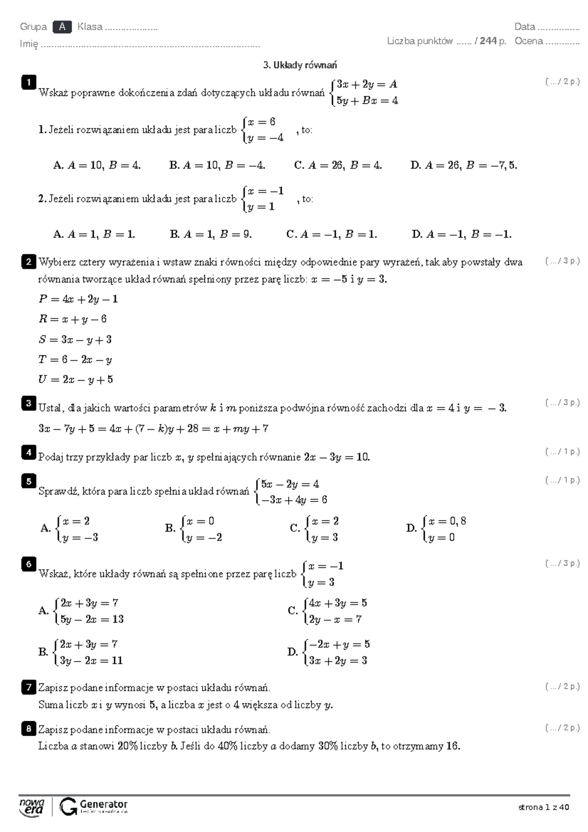 Odpowiedzi Układ Równań Sprawdzian 2 Gimnazjum www.studocu.com