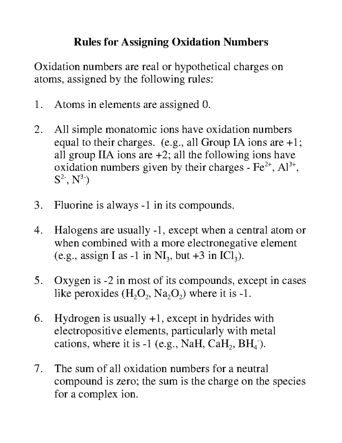 Oxnum - Rules for Assigning Oxidation Numbers Oxidation numbers are ...