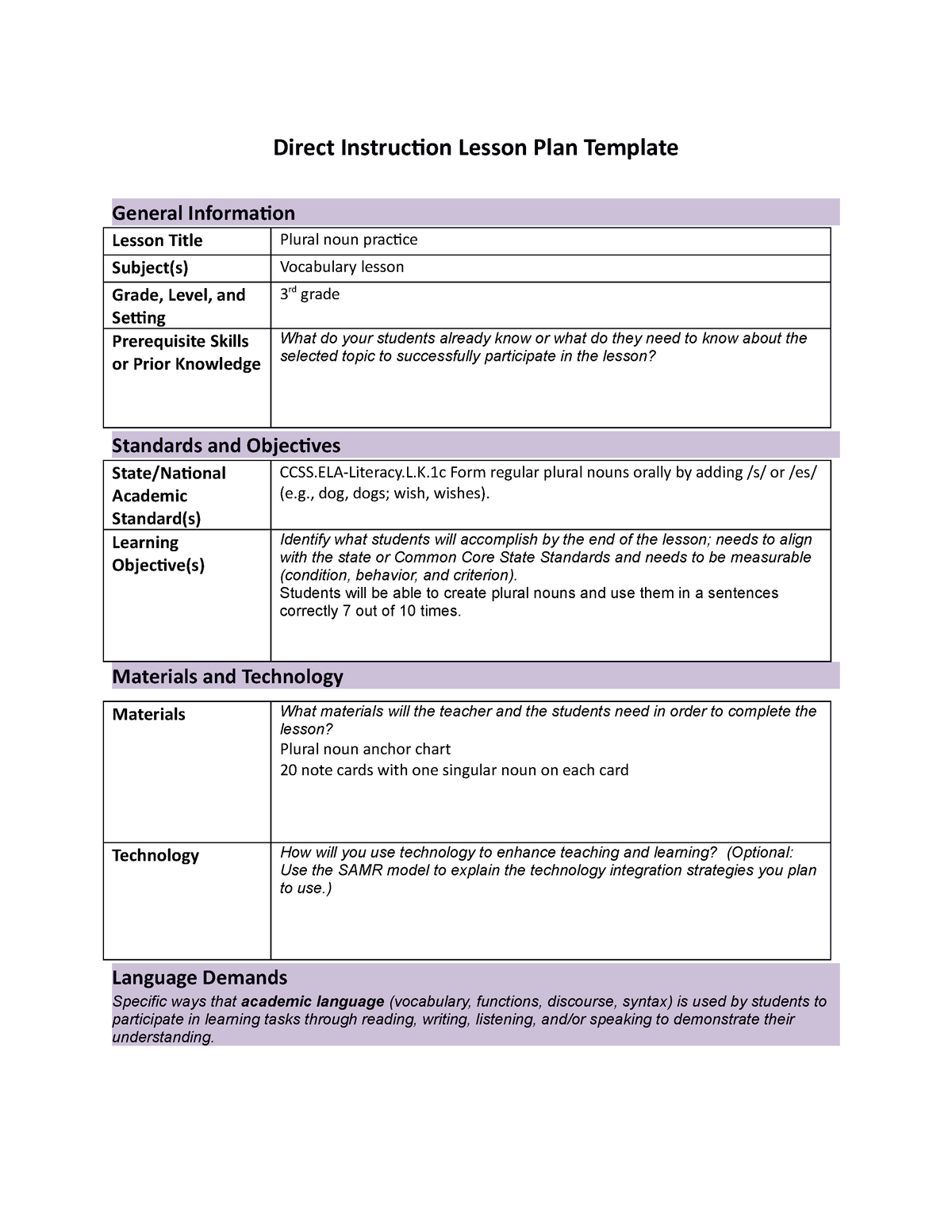 Direct Instruction Lesson Plan Shaynalee - Direct Instruction Lesson ...