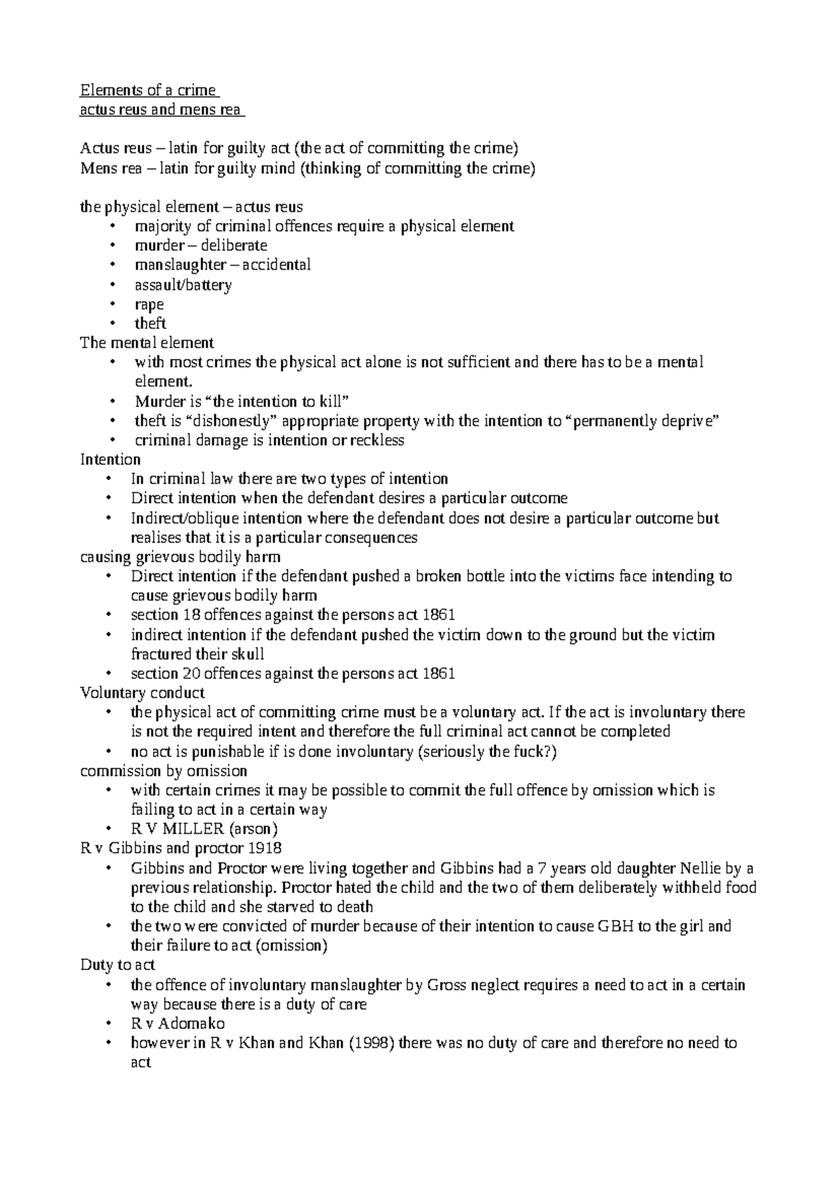 Elements Of A Crime Lecture Notes 3 Elements Of A Crime Actus Reus