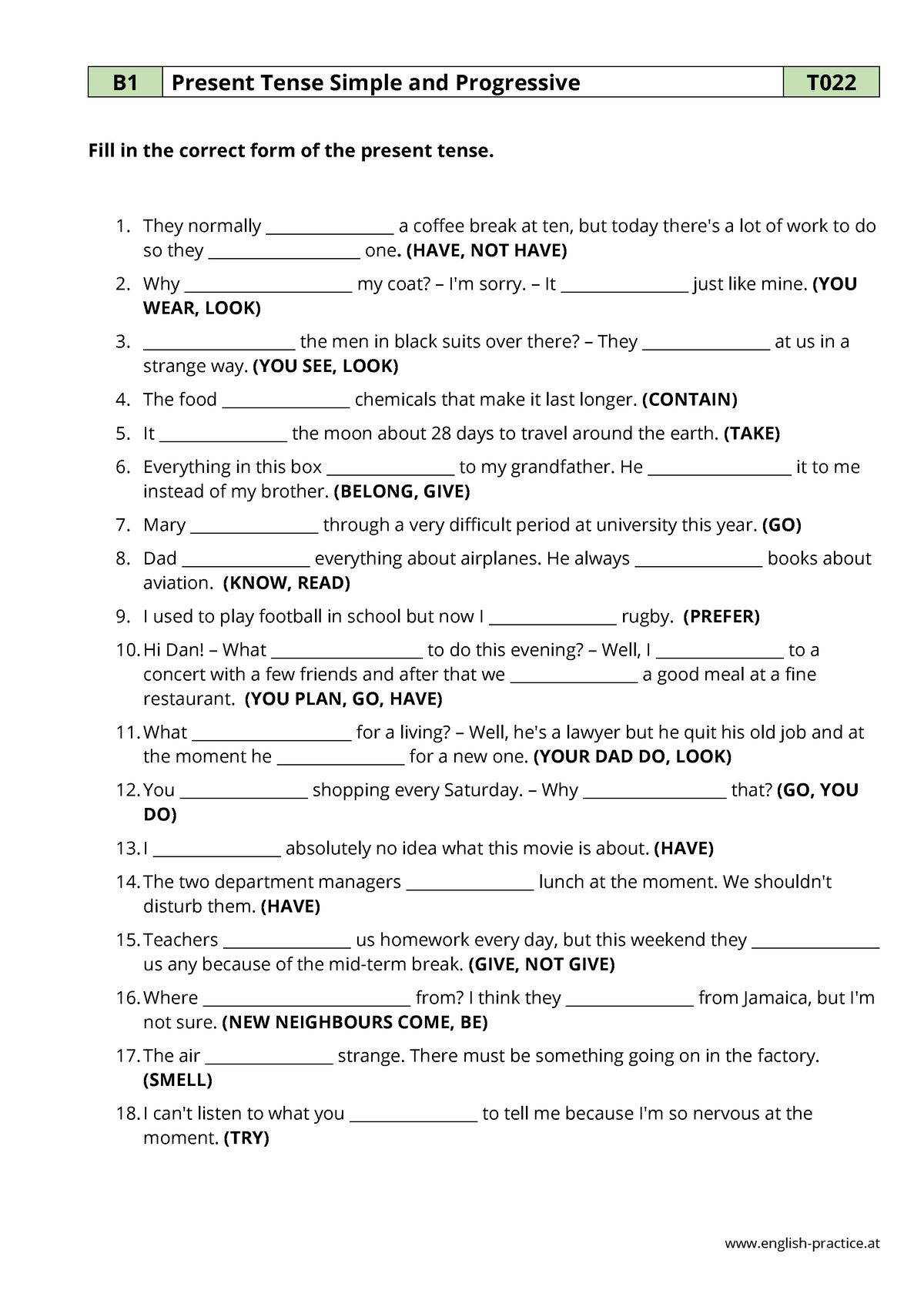 T-022-present Tenses Worksheet FOR Students - English-practice B1 ...