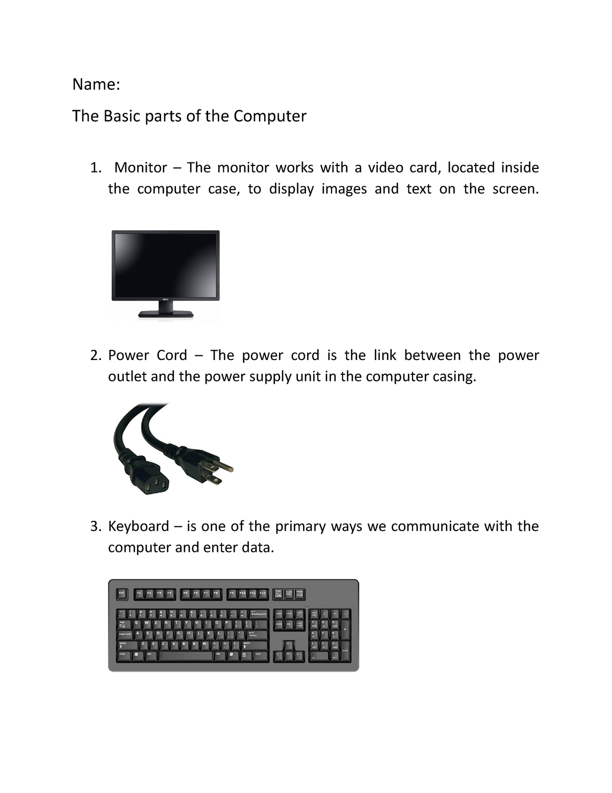 Basic Parts Of Computer Name The Basic Parts Of The Computer Monitor The Studocu