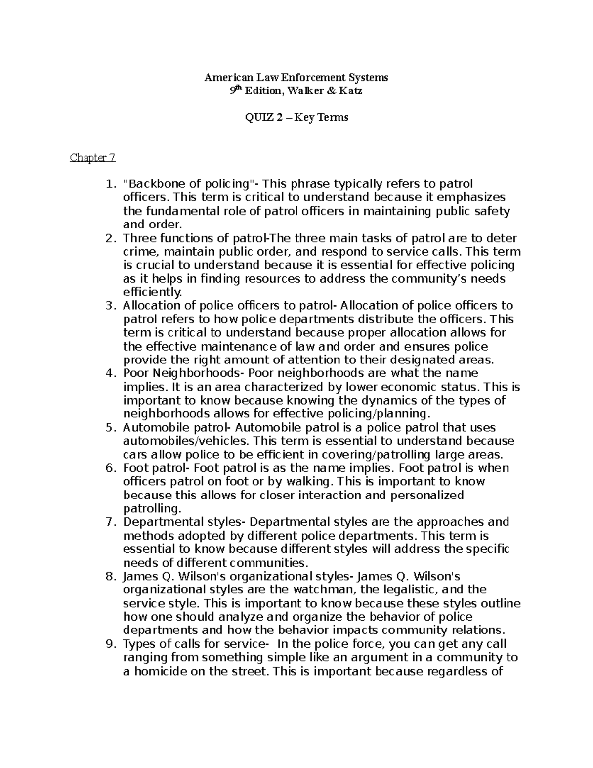 CJE 4114 Quiz 2 Key Terms American Law Enforcement Systems 9 th