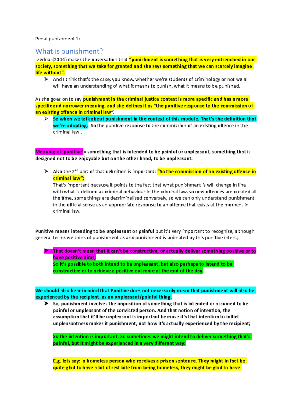 Punishment and Penal Policy lecture 1 notes Penal punishment 1 What is punishment? Zednar