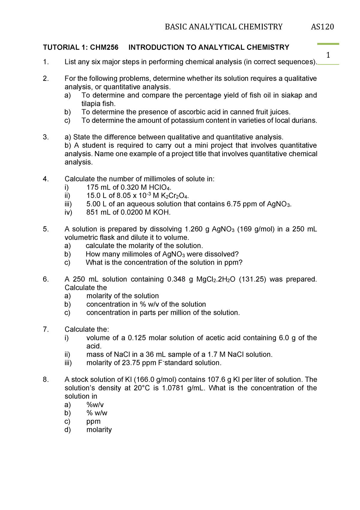 Tutorial 1 CHM256 Analytic Chemistry Part 4 2021/2022 - BASIC ...