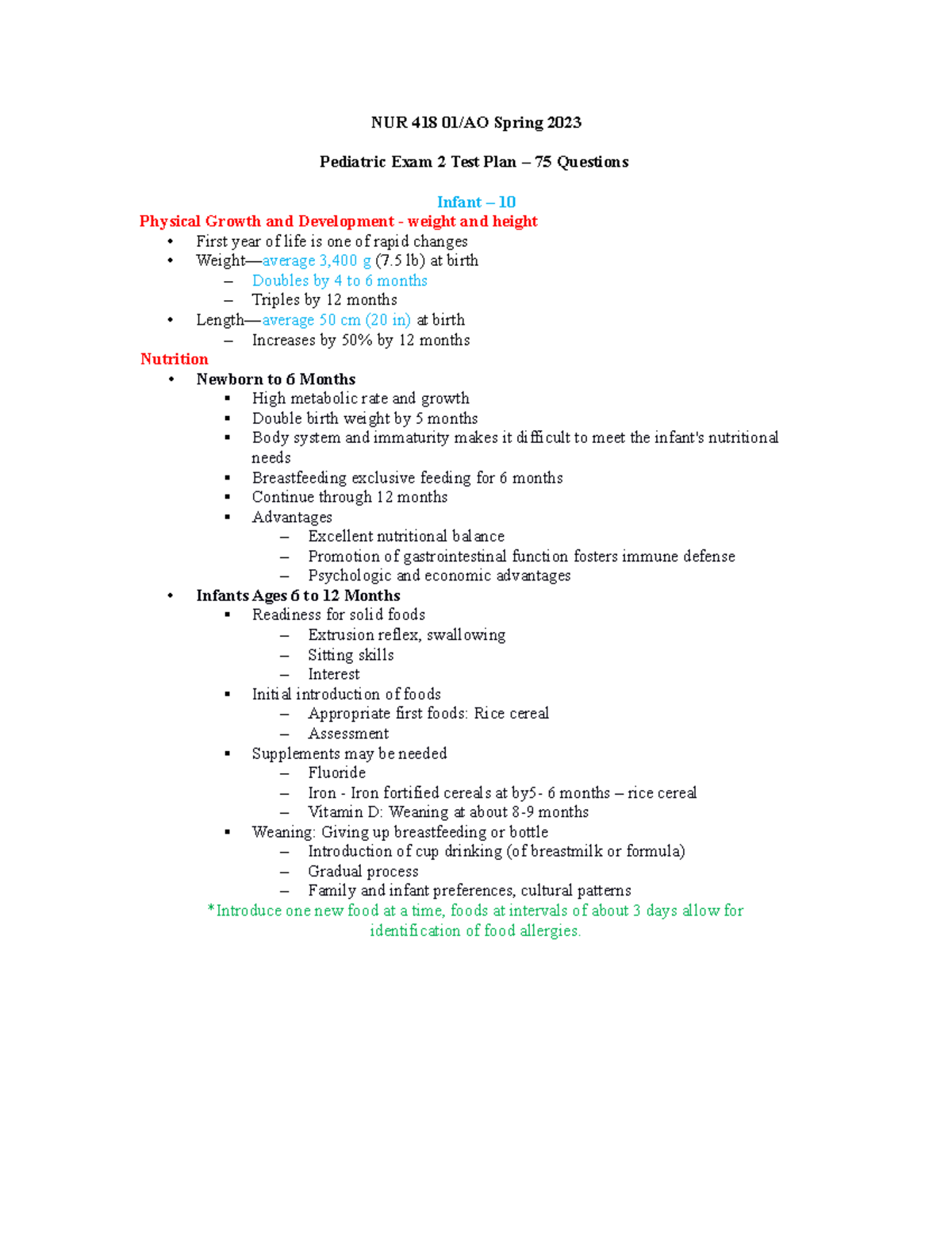 Pediatric Exam 2 Test Plan NUR 418 01AO Fall 2022 - NUR 418 01/AO ...