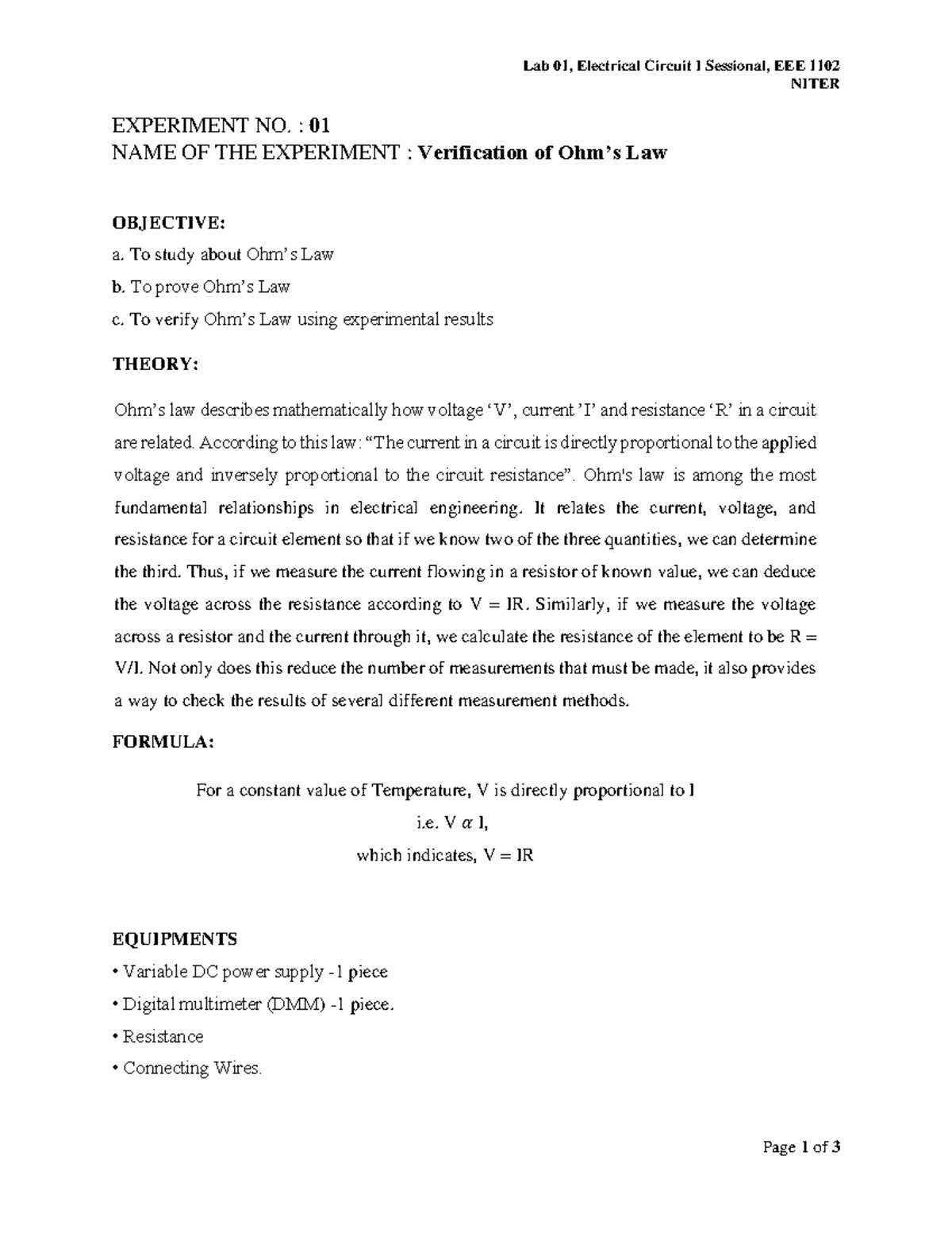 Experiment 01 Verification Of Ohms Law - Lab 01, Electrical Circuit I ...