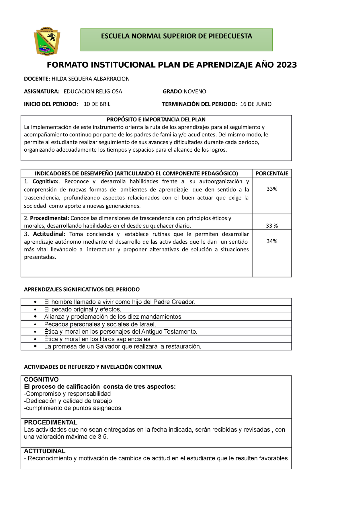 PLAN DE Aprendizaje DE Noveno II-P - FORMATO INSTITUCIONAL PLAN DE ...