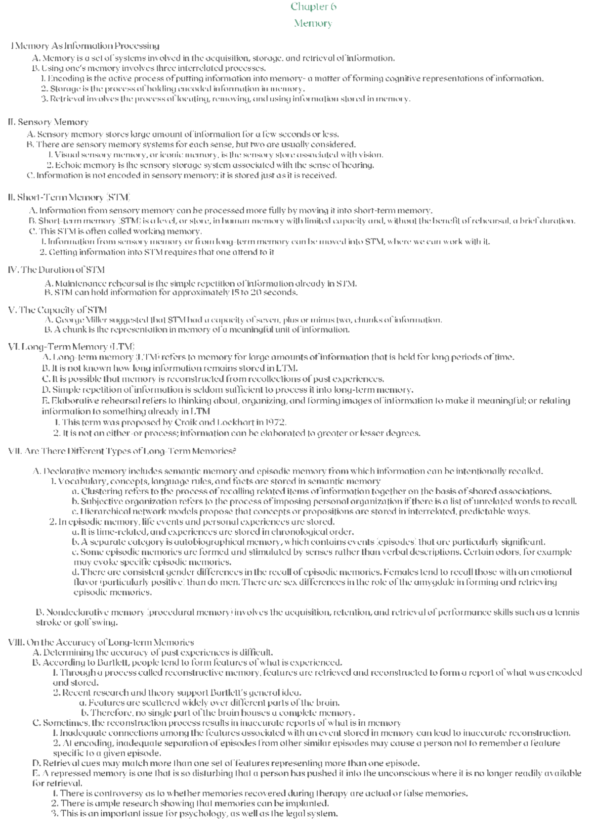 Memory A Summary Chapter 6 Memory Memory As Information Processing A