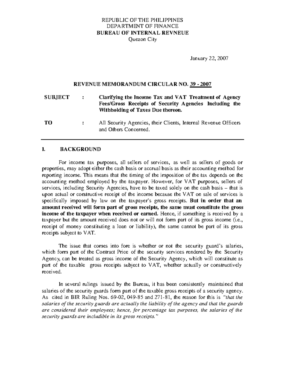 RMC no. 39-2007 - REPUBLIC OF THE PHILIPPINES DEPARTMENT OF FINANCE ...