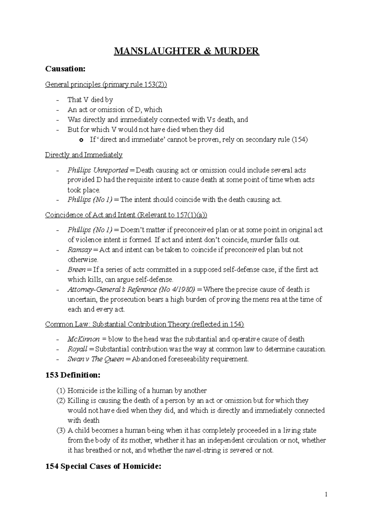 Criminal Law B Authorities - MANSLAUGHTER & MURDER Causation: General ...