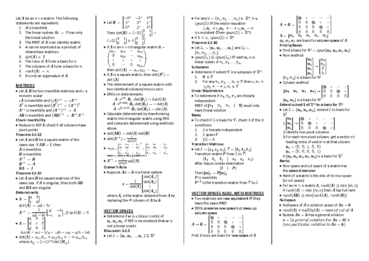 MA2001 finals cheatsheet - Let 𝑨 be an n × n matrix. The following ...