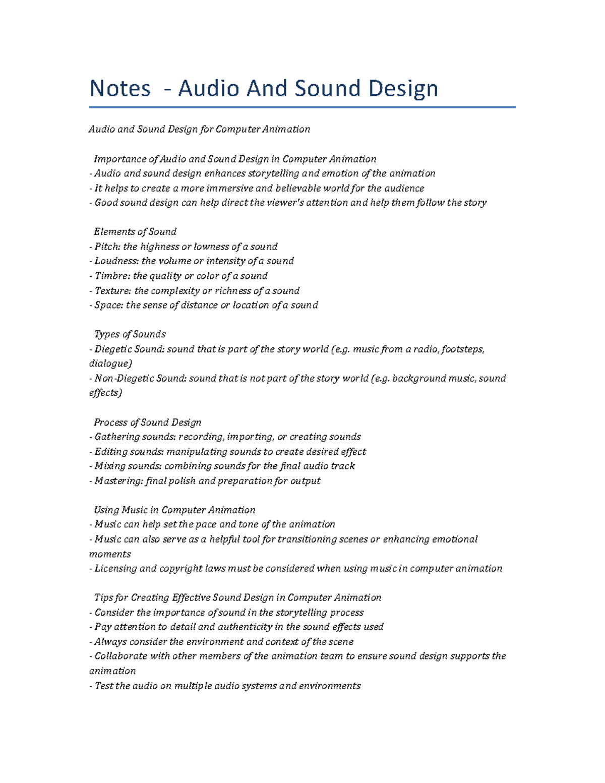 Lecture notes Audio And Sound Design Notes Audio And Sound Design