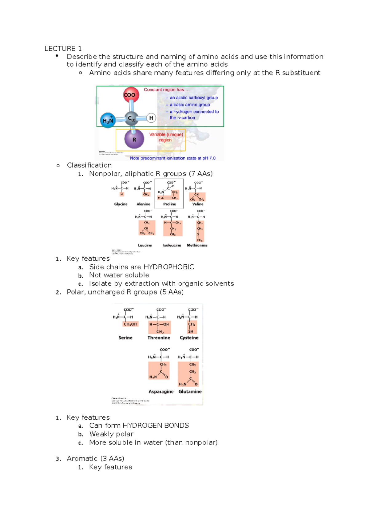 Lecture 1 - LECTURE 1 Describe the structure and naming of amino acids ...
