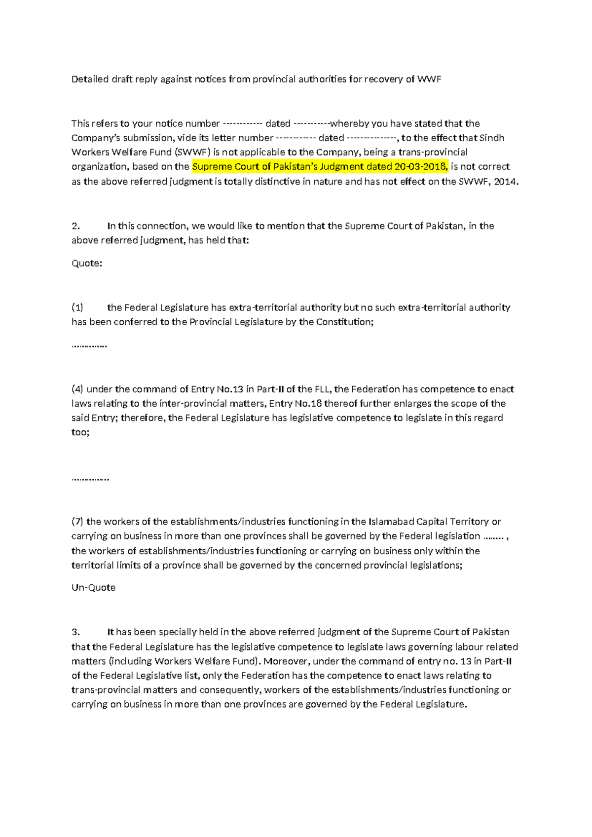WWF - Draft reply of Punjab Revenue Authority for payment of Workers ...