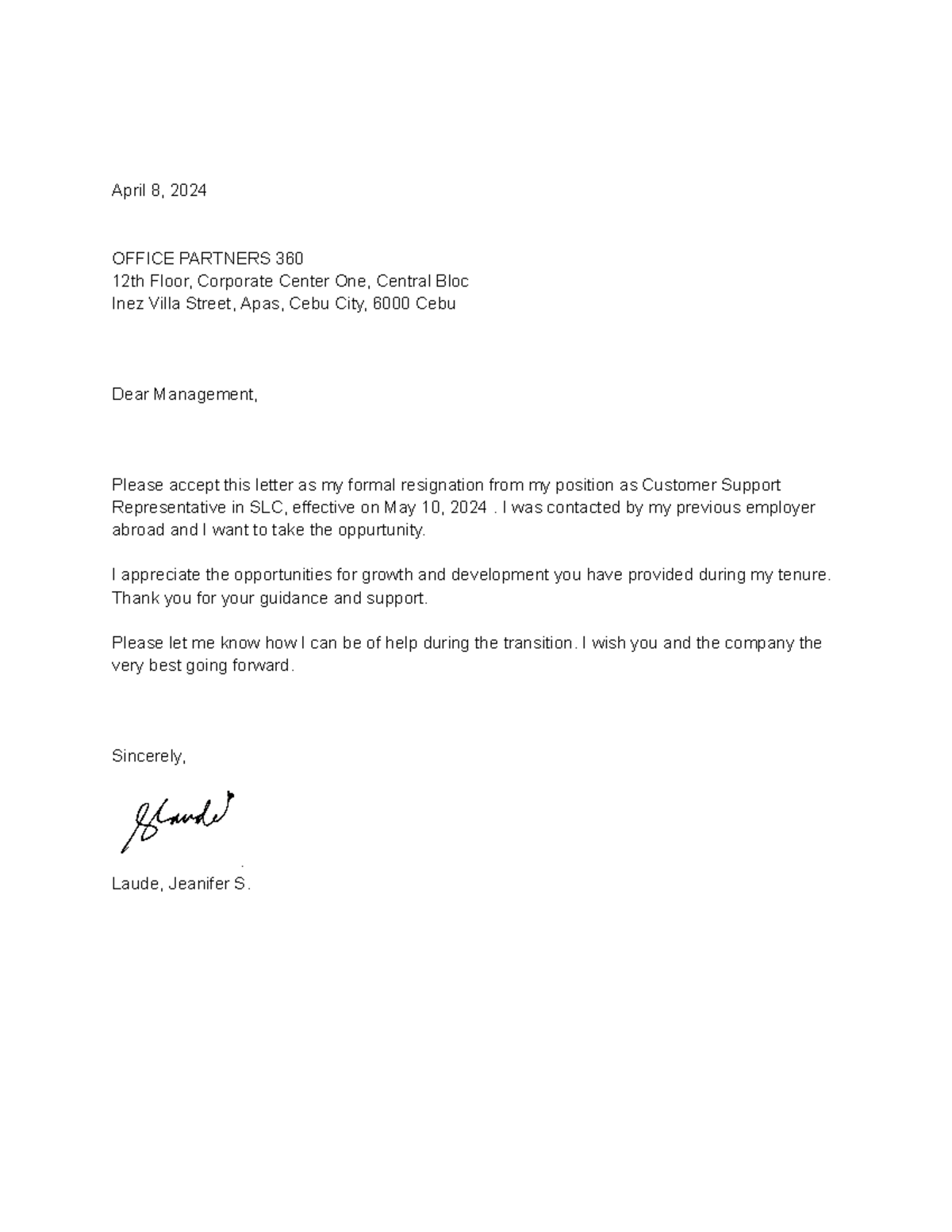 Resignation Letter Laude, Jeanifer S - April 8, 2024 OFFICE PARTNERS ...