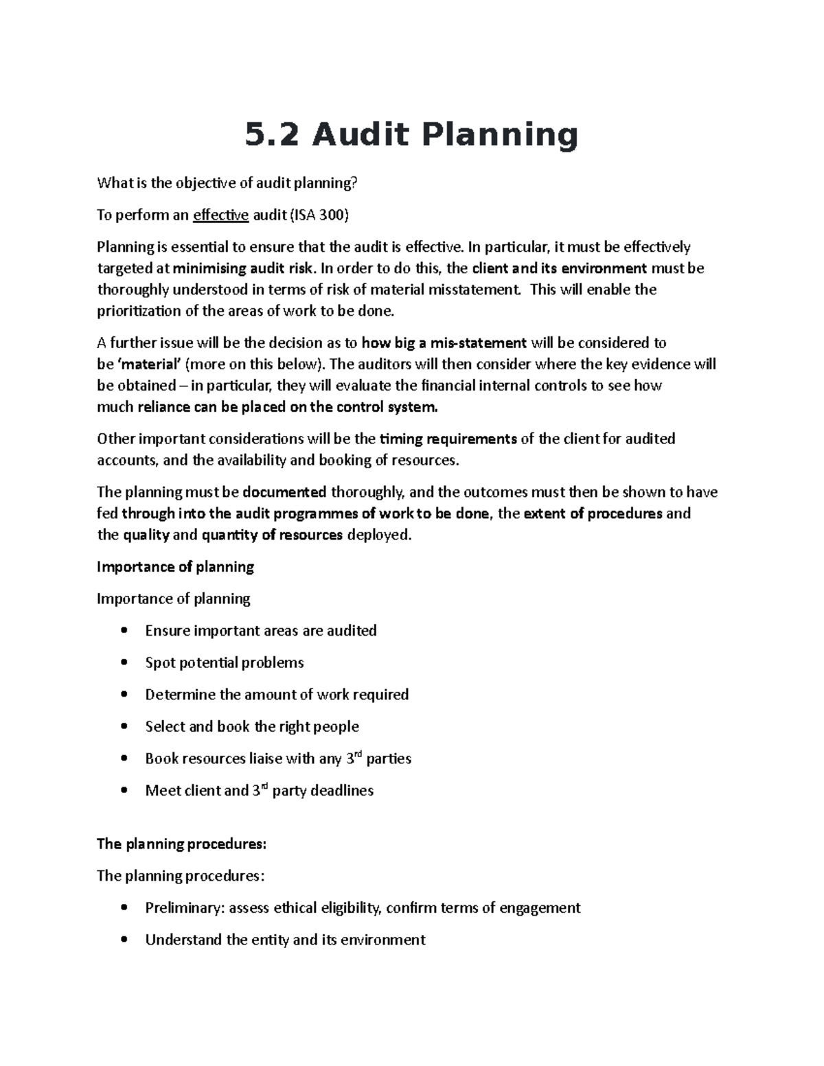 5.2 Audit Planning - Lecture notes 4-8 - 5 Audit Planning What is the ...