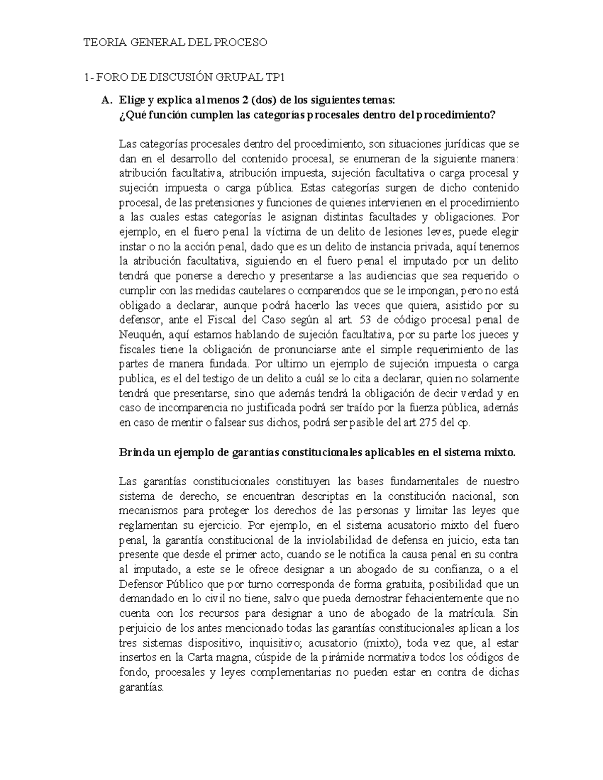 FORO TP1 TGP - foro del tp 1 - TEORIA GENERAL DEL PROCESO 1- FORO DE ...