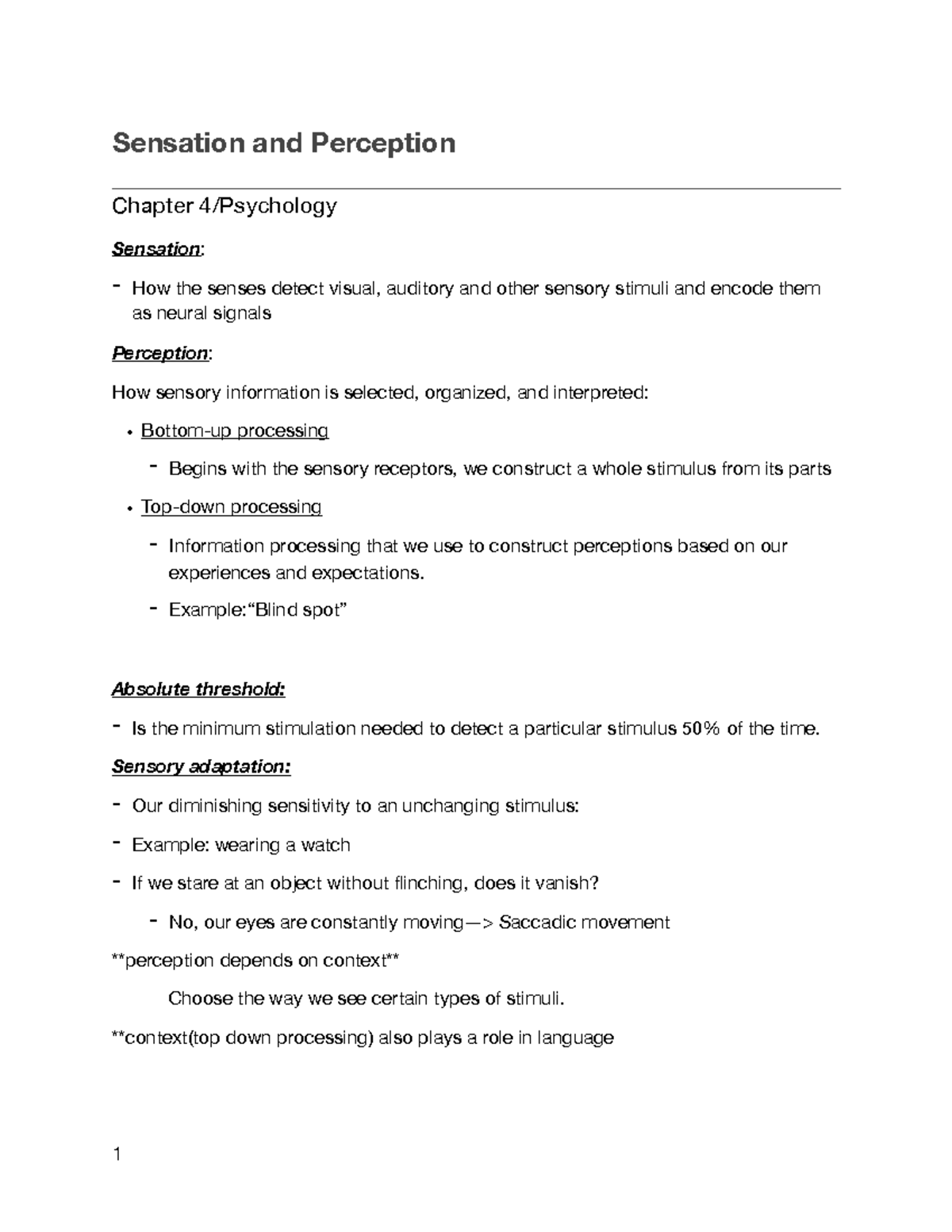 Chapter 4 Psychology - Sensation And Perception Chapter 4/Psychology ...