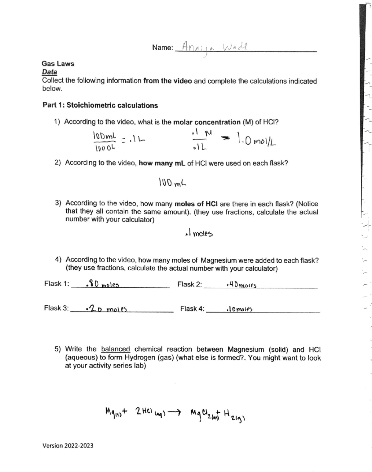 Gas Laws LAB ASSIGNMENT - CHEM 1411 - Studocu