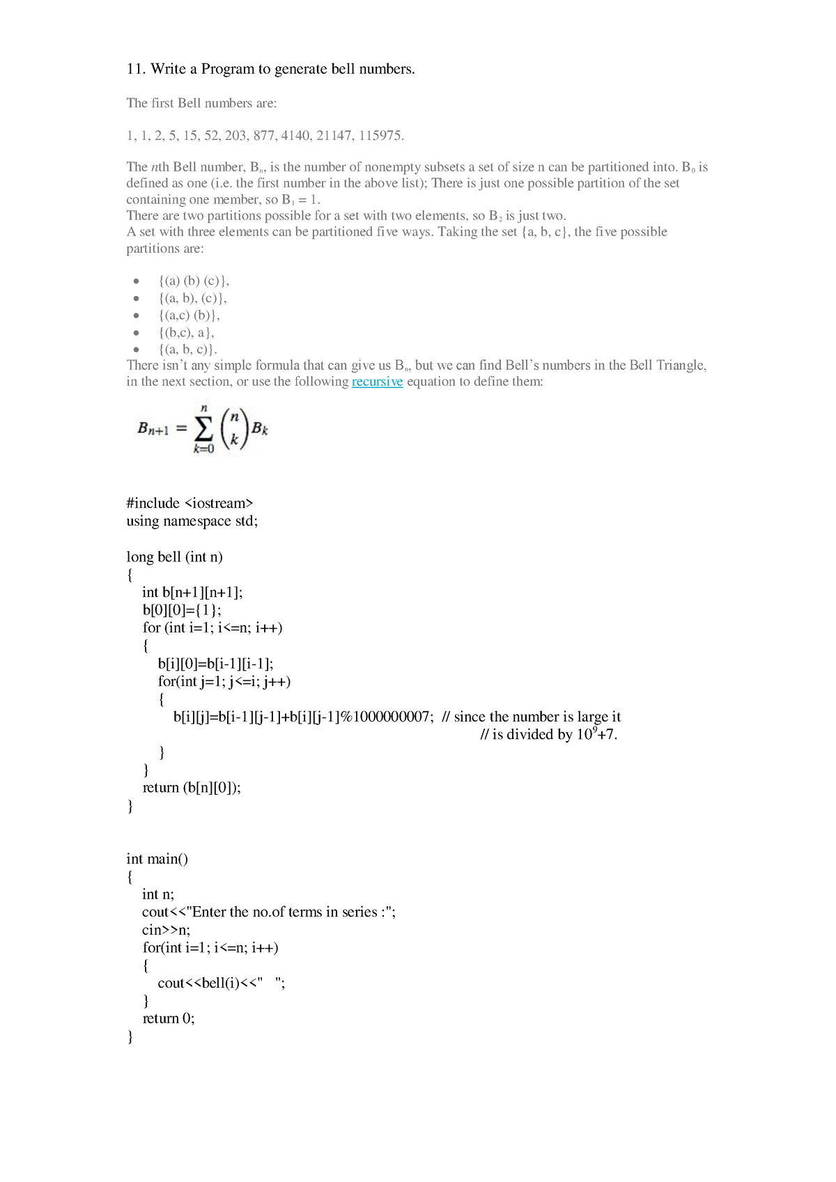 C++ programs 11-19 - Write a Program to generate bell numbers. The ...