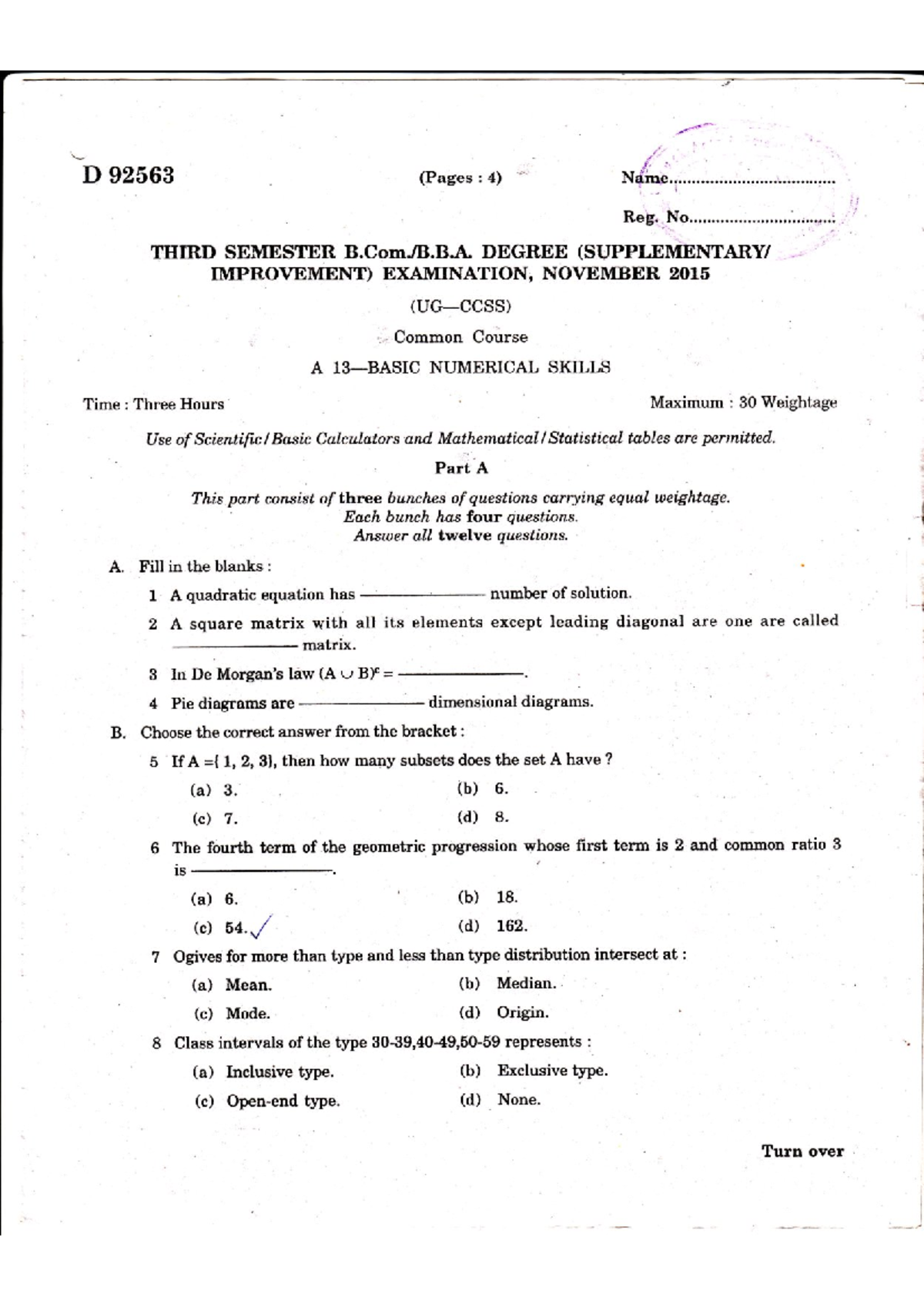 Basic Numeric Skill Qp 2015 - Bachelor of business administration - Studocu