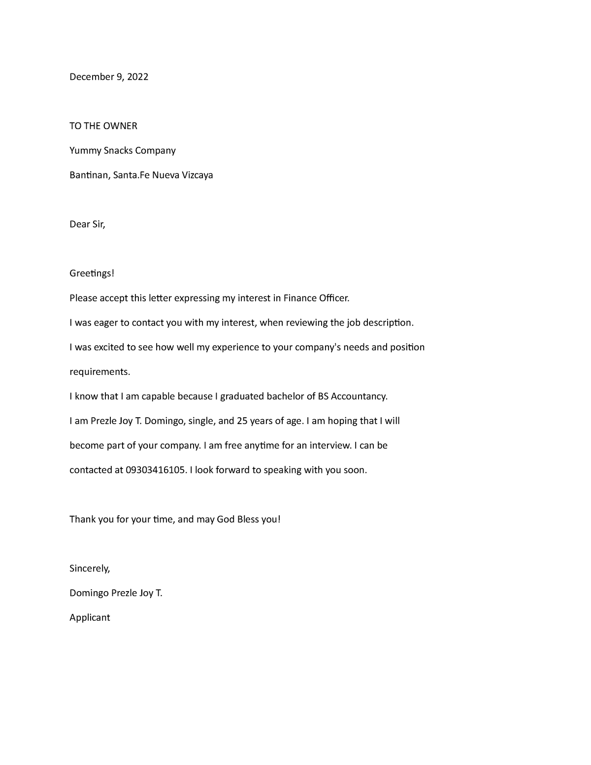 My Application Letter-WPS Office - December 9, 2022 TO THE OWNER Yummy ...