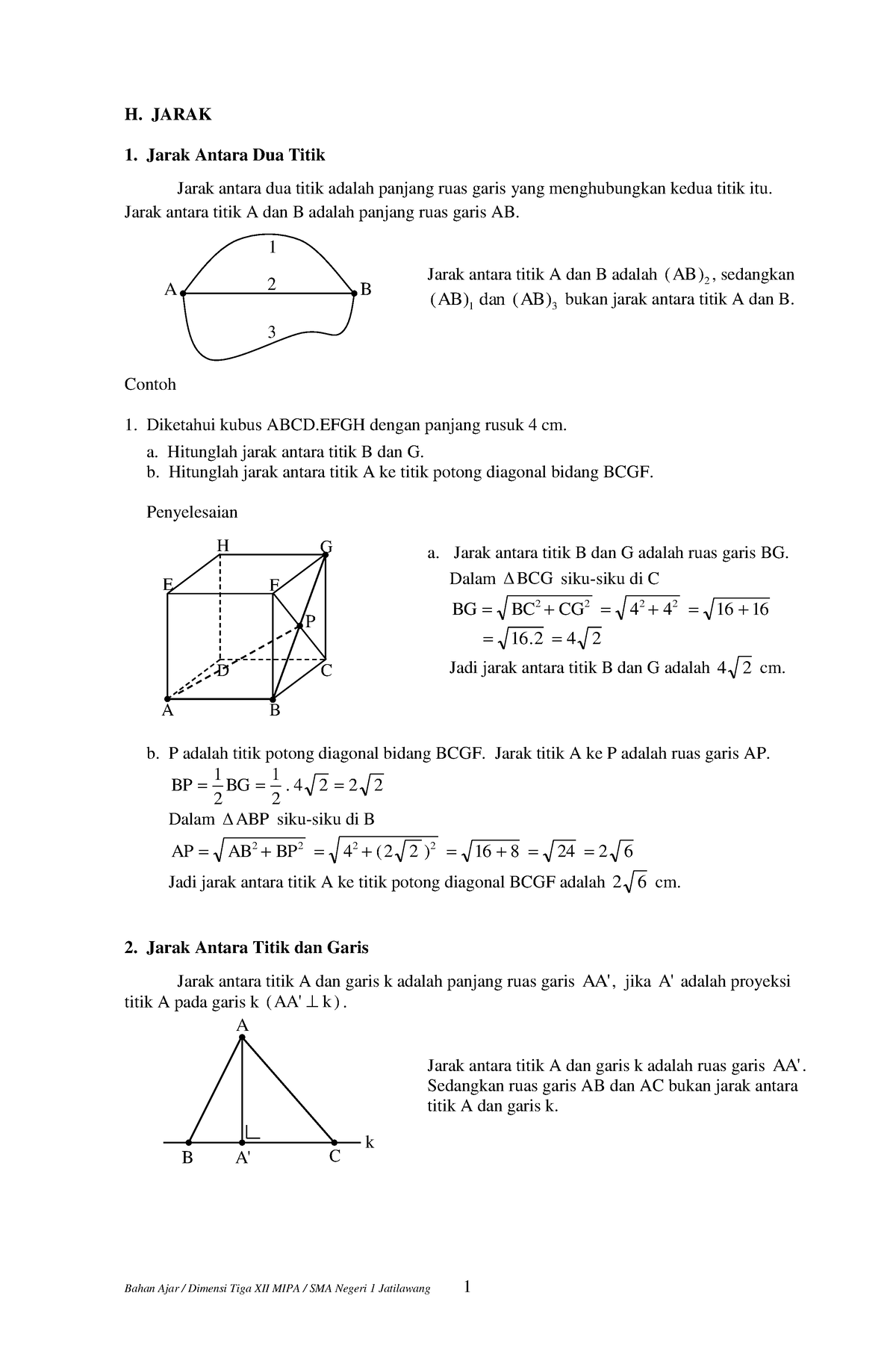 Matwa XII MIPA Pertemuan 7 - H. JARAK Jarak Antara Dua Titik Jarak ...