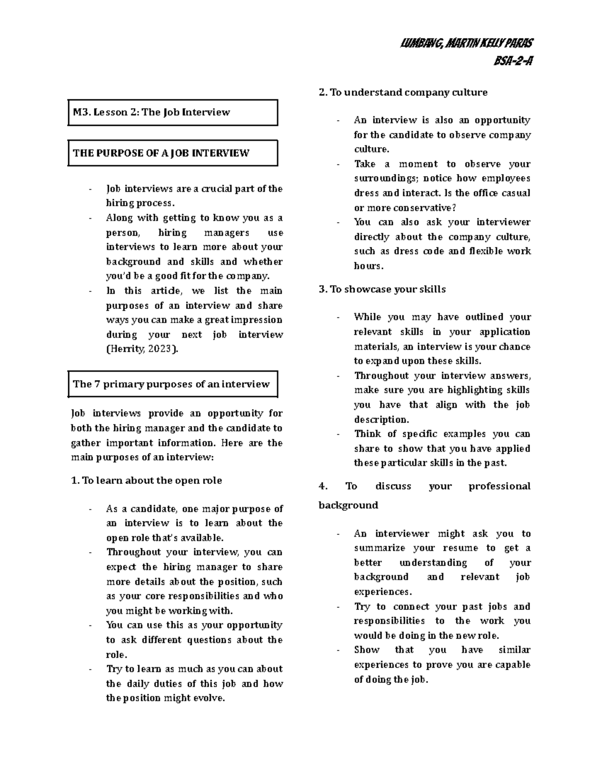 M3-L2 - notes - LUMBANG, MARTIN KELLY PARAS BSA-2-A M3. Lesson 2: The ...