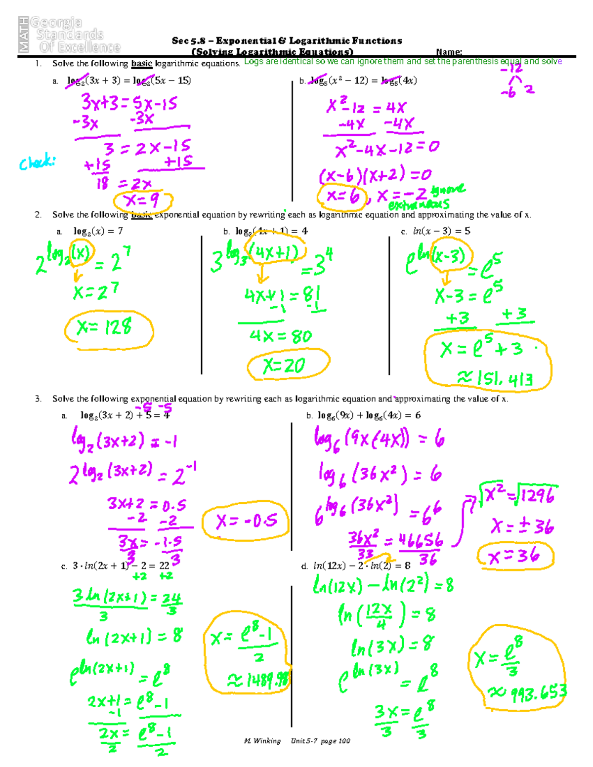 Kami Export   Solving Logarithmic Equations Answers To Compare   Sec 5