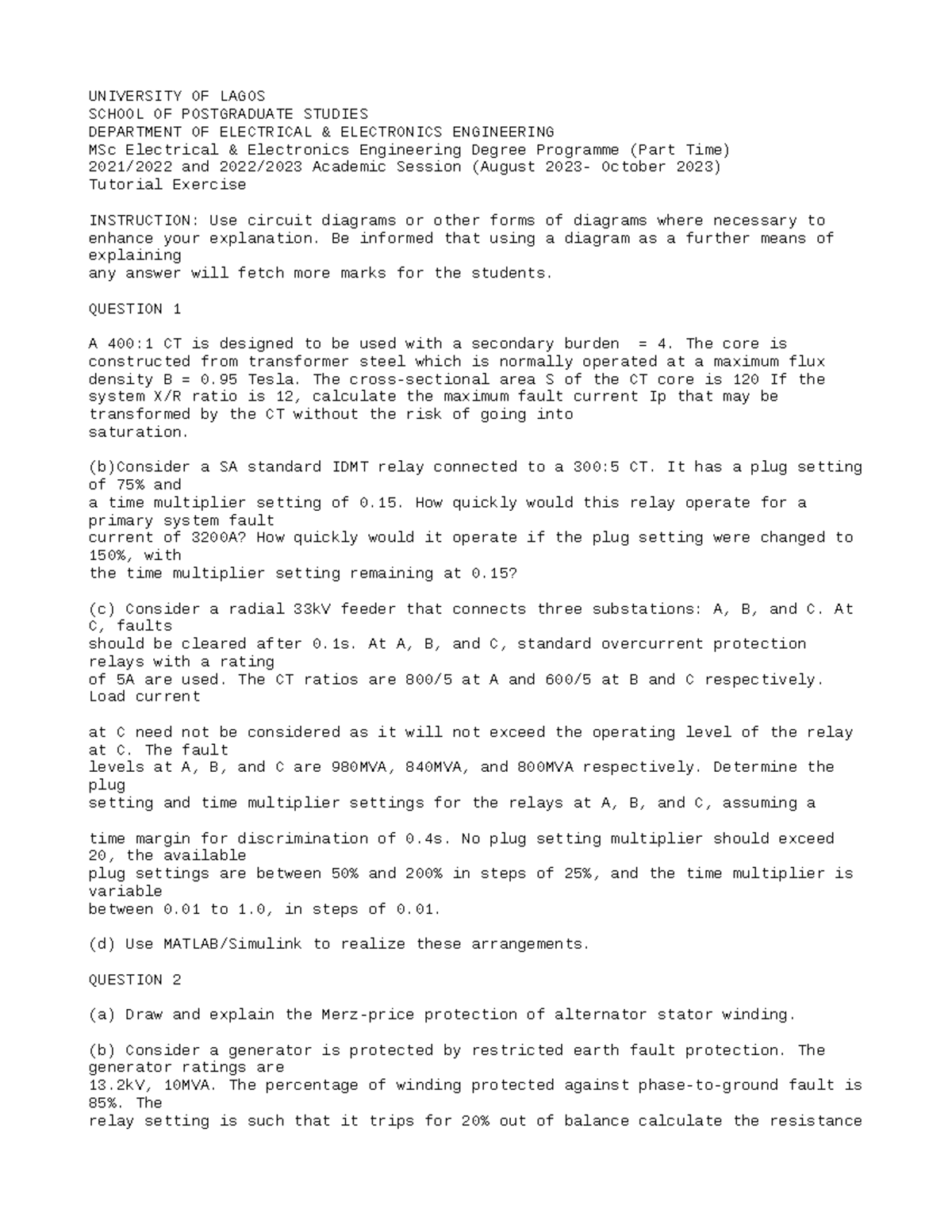 Electrical power system protection assignment UNIVERSITY OF LAGOS