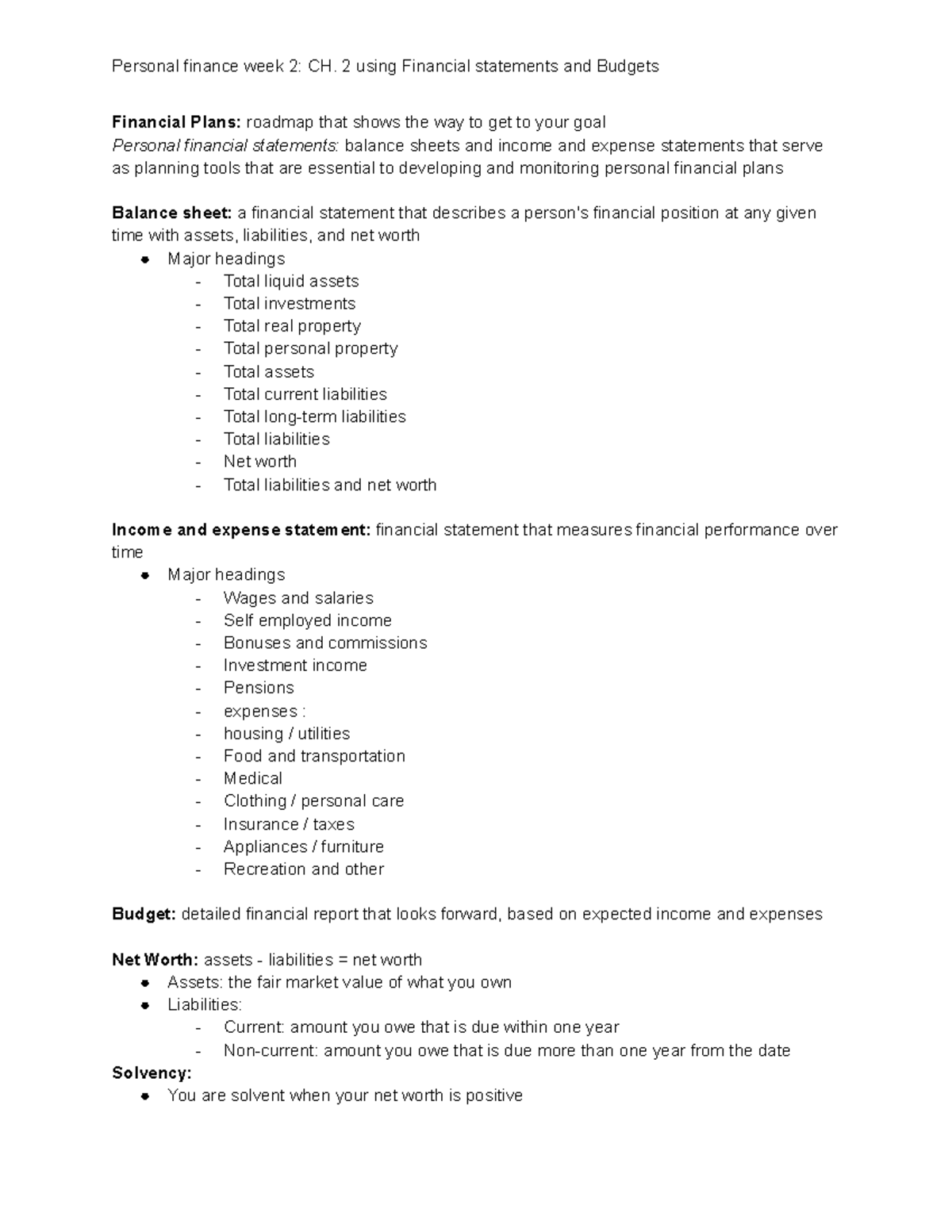 Personal Finance week 2 - 2 using Financial statements and Budgets ...