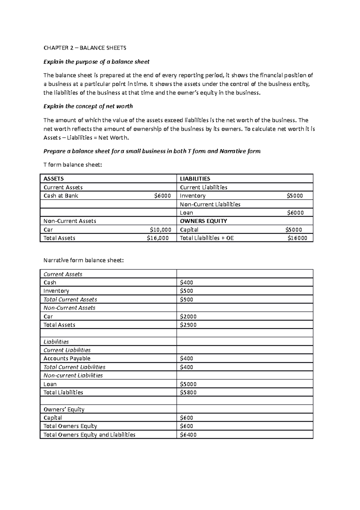 Chapter 2 – Balance Sheets - CHAPTER 2 – BALANCE SHEETS Explain the ...