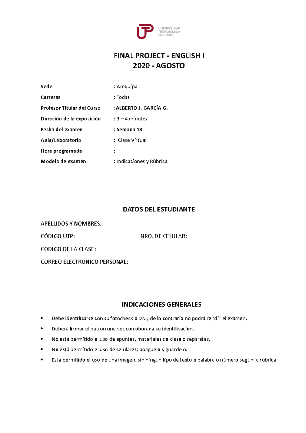 Proyecto Final Inglés 1 2020 Agosto FINAL PROJECT ENGLISH I