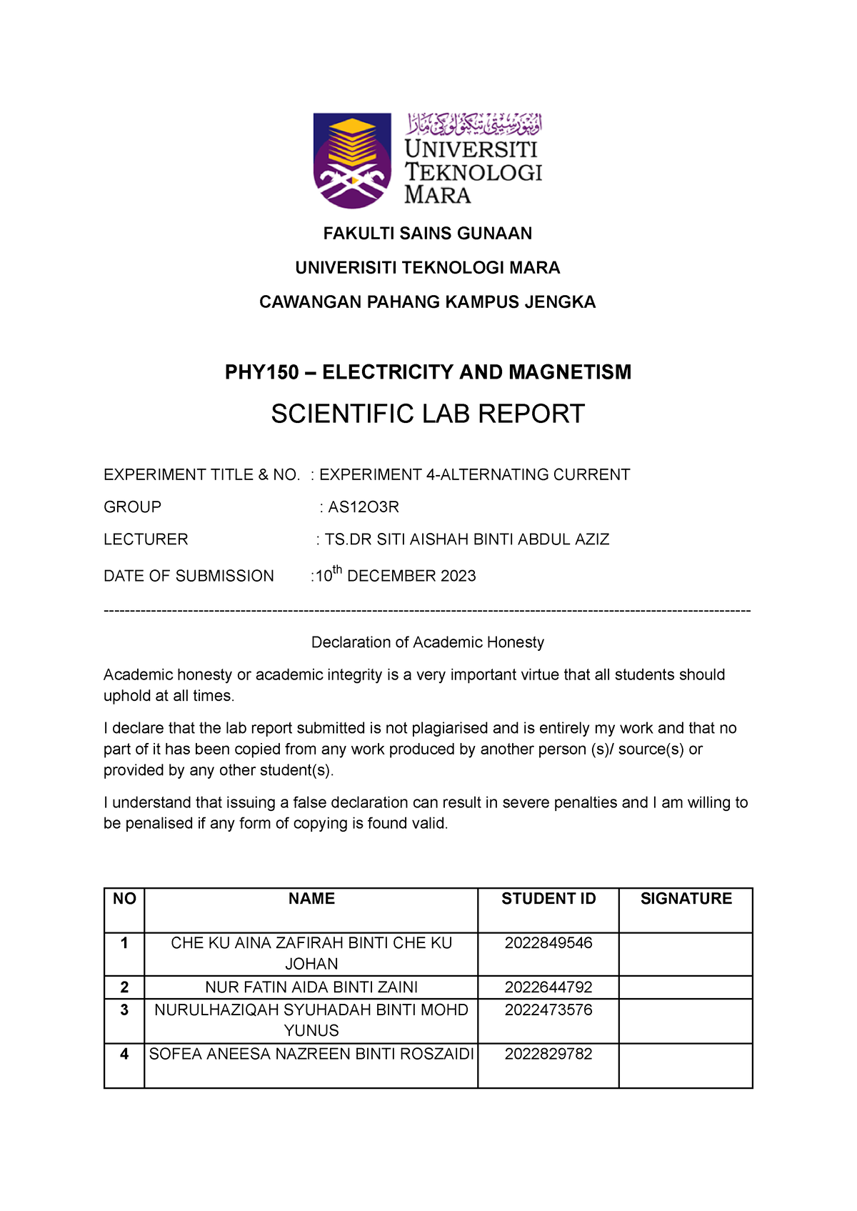 LAB REPORT PHY 150-Experiment 4: ALTERNATING CURRENT - FAKULTI SAINS ...