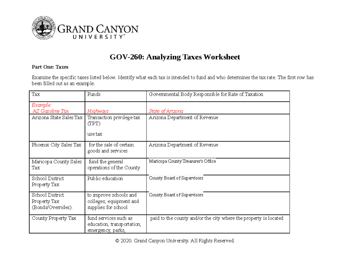 GOV-260-Analyzing Tax Worksheet - Analyzing Taxes Worksheet Part One: Taxes  Examine the specific - Studocu
