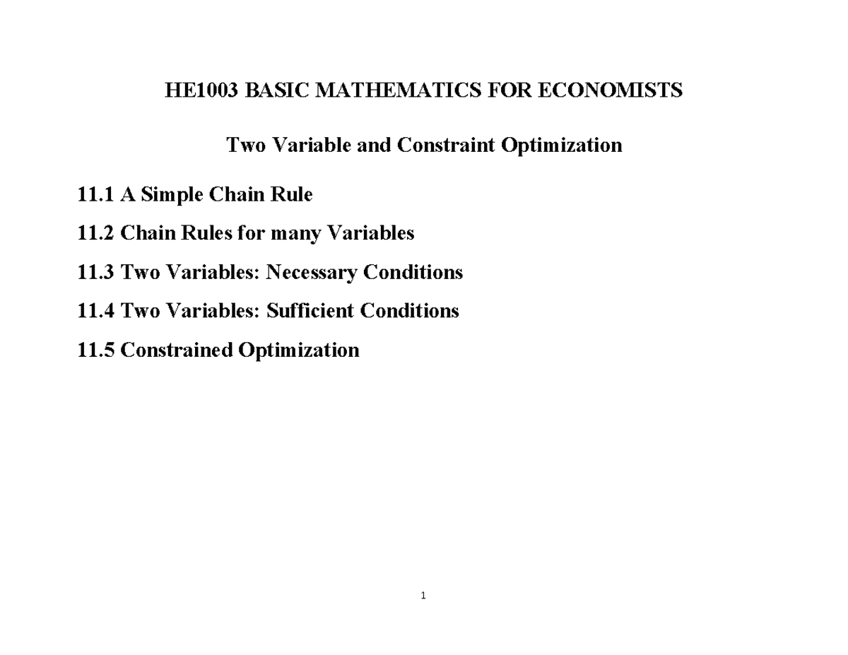 Lecture Note 11 (HE1003 B) - HE1003 BASIC MATHEMATICS FOR ECONOMISTS ...